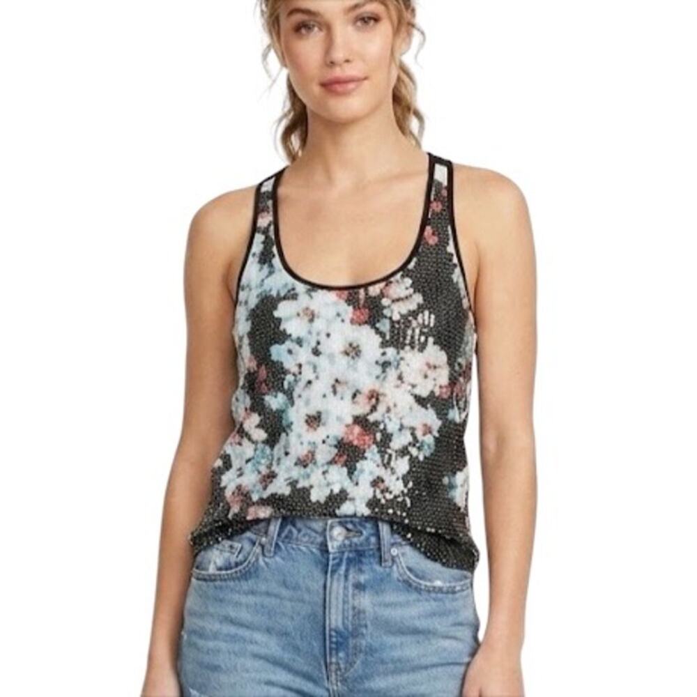 Express Dreamweight Cotton Floral Sequin Racerback Tank Top Black Size Large